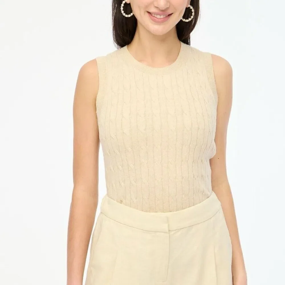 J. Crew Light Khaki Cable sweater shell 100% Cotton Size L NWT